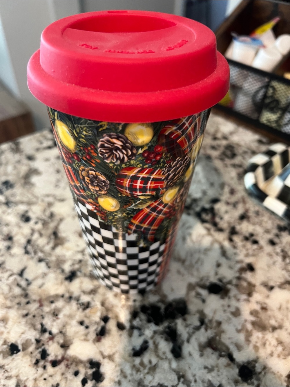 Mackenzie-Childs ceramic Red Lid Holiday Pattern Travel Tumbler -